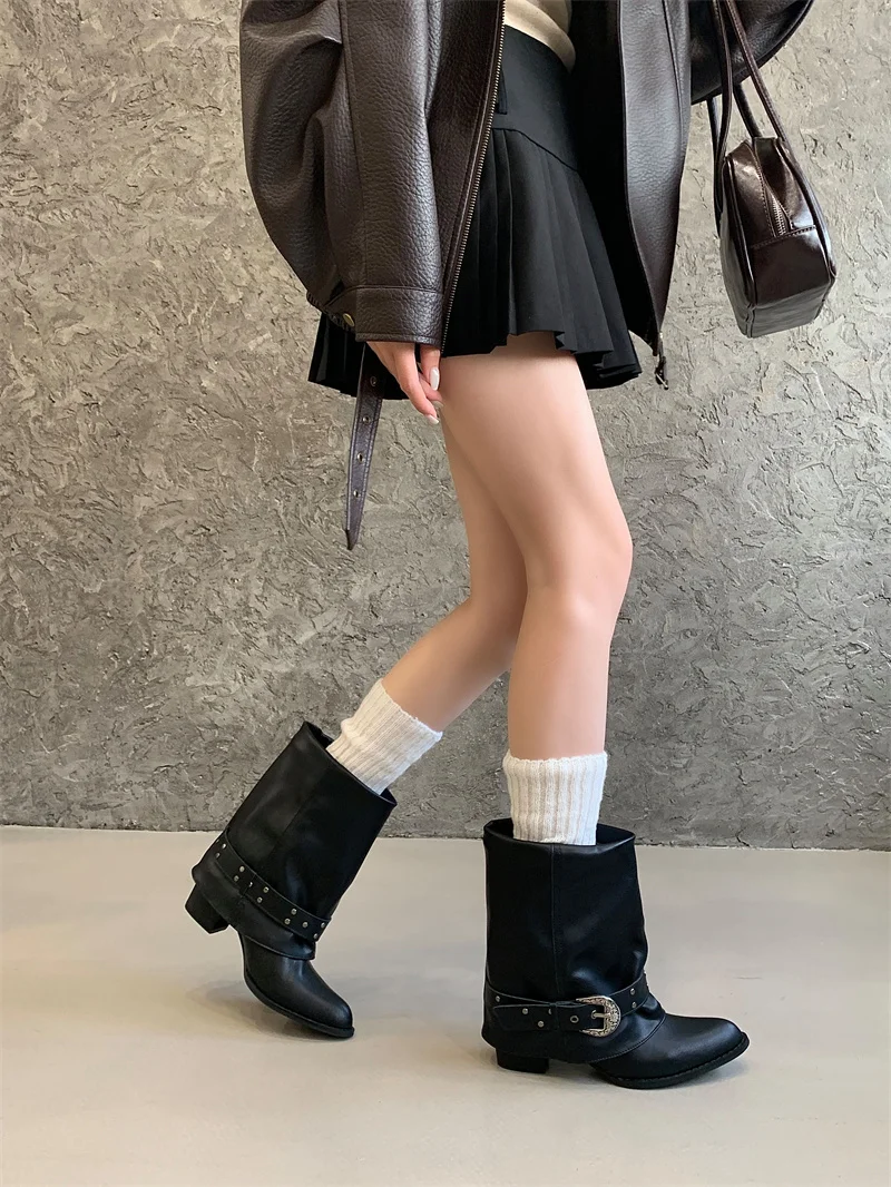 ZAROY Women Ankle Boots and Booties PU Leather Winter Pointed Toe Block Heel Mental Buckle Western Cowboy Boots Motorcycle Botas