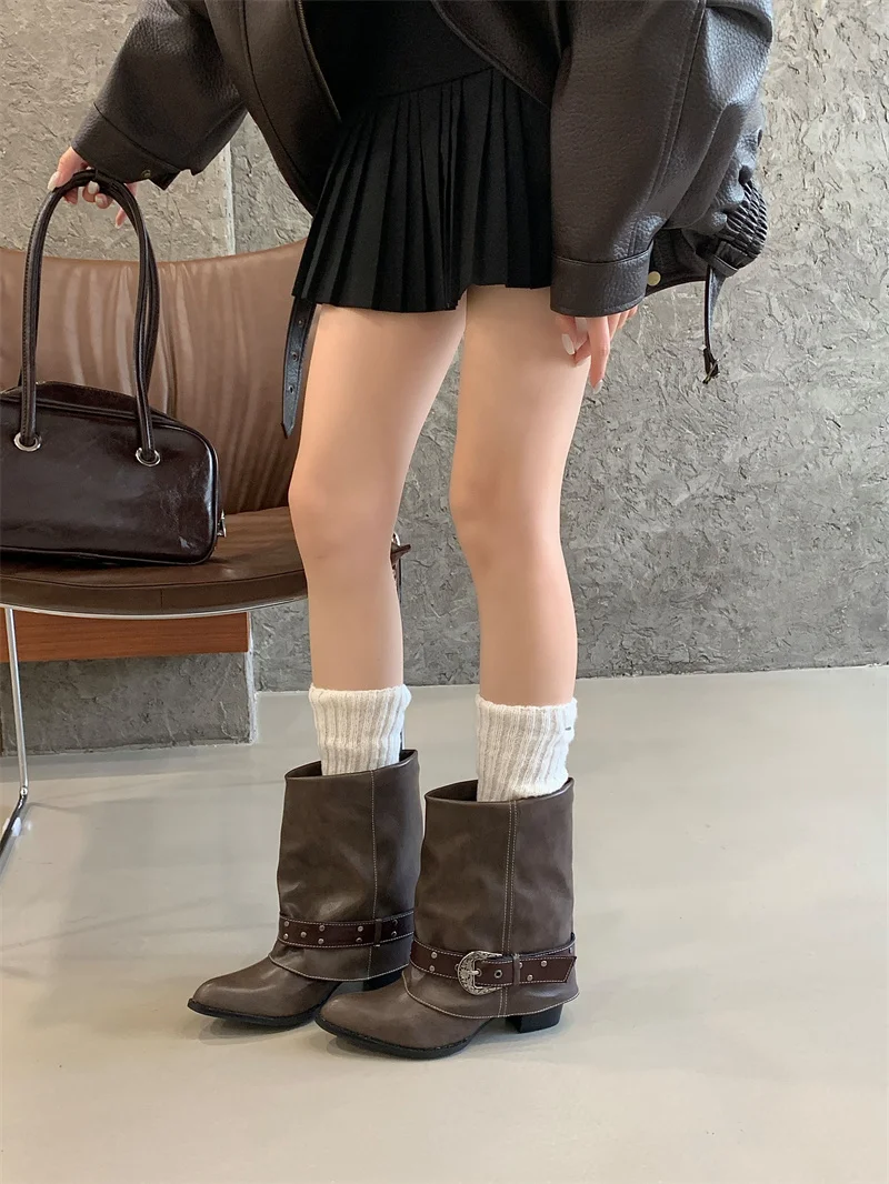ZAROY Women Ankle Boots and Booties PU Leather Winter Pointed Toe Block Heel Mental Buckle Western Cowboy Boots Motorcycle Botas
