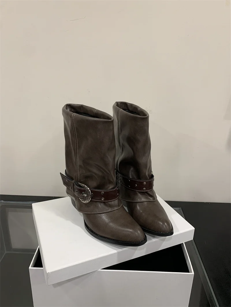 ZAROY Women Ankle Boots and Booties PU Leather Winter Pointed Toe Block Heel Mental Buckle Western Cowboy Boots Motorcycle Botas