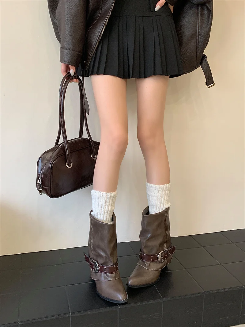 ZAROY Women Ankle Boots and Booties PU Leather Winter Pointed Toe Block Heel Mental Buckle Western Cowboy Boots Motorcycle Botas