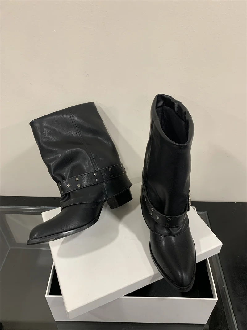ZAROY Women Ankle Boots and Booties PU Leather Winter Pointed Toe Block Heel Mental Buckle Western Cowboy Boots Motorcycle Botas
