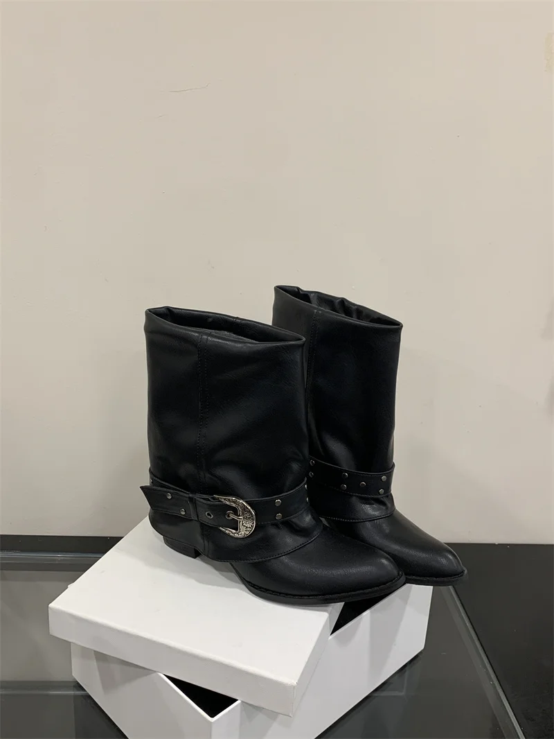 ZAROY Women Ankle Boots and Booties PU Leather Winter Pointed Toe Block Heel Mental Buckle Western Cowboy Boots Motorcycle Botas