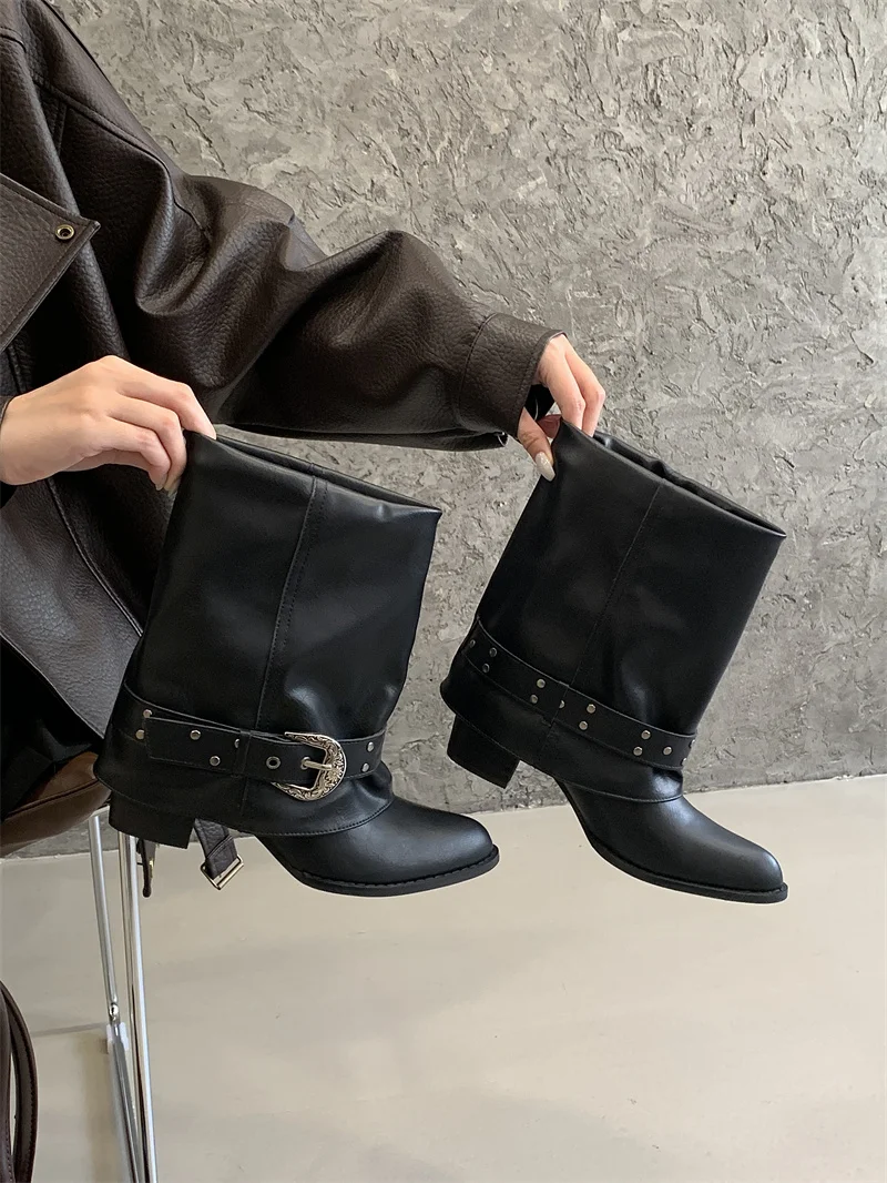 ZAROY Women Ankle Boots and Booties PU Leather Winter Pointed Toe Block Heel Mental Buckle Western Cowboy Boots Motorcycle Botas