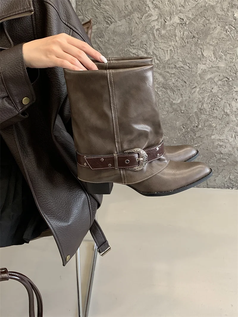ZAROY Women Ankle Boots and Booties PU Leather Winter Pointed Toe Block Heel Mental Buckle Western Cowboy Boots Motorcycle Botas