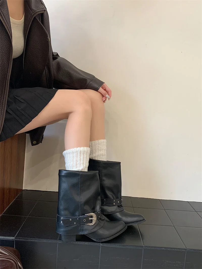 ZAROY Women Ankle Boots and Booties PU Leather Winter Pointed Toe Block Heel Mental Buckle Western Cowboy Boots Motorcycle Botas