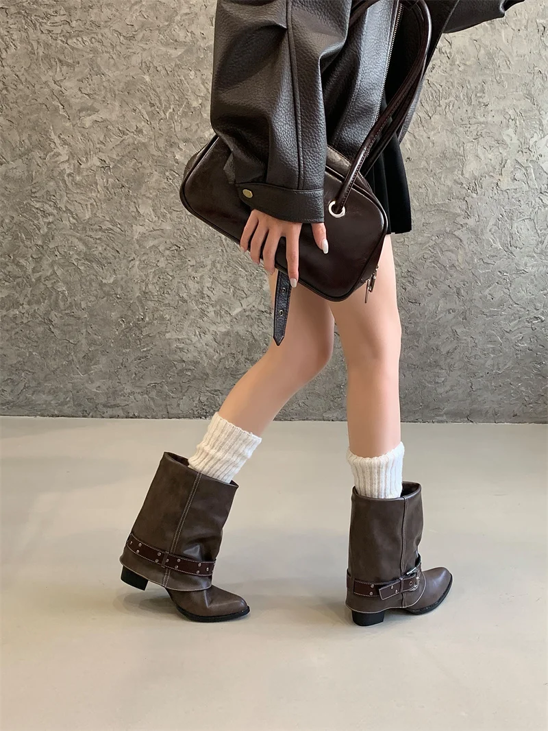 ZAROY Women Ankle Boots and Booties PU Leather Winter Pointed Toe Block Heel Mental Buckle Western Cowboy Boots Motorcycle Botas