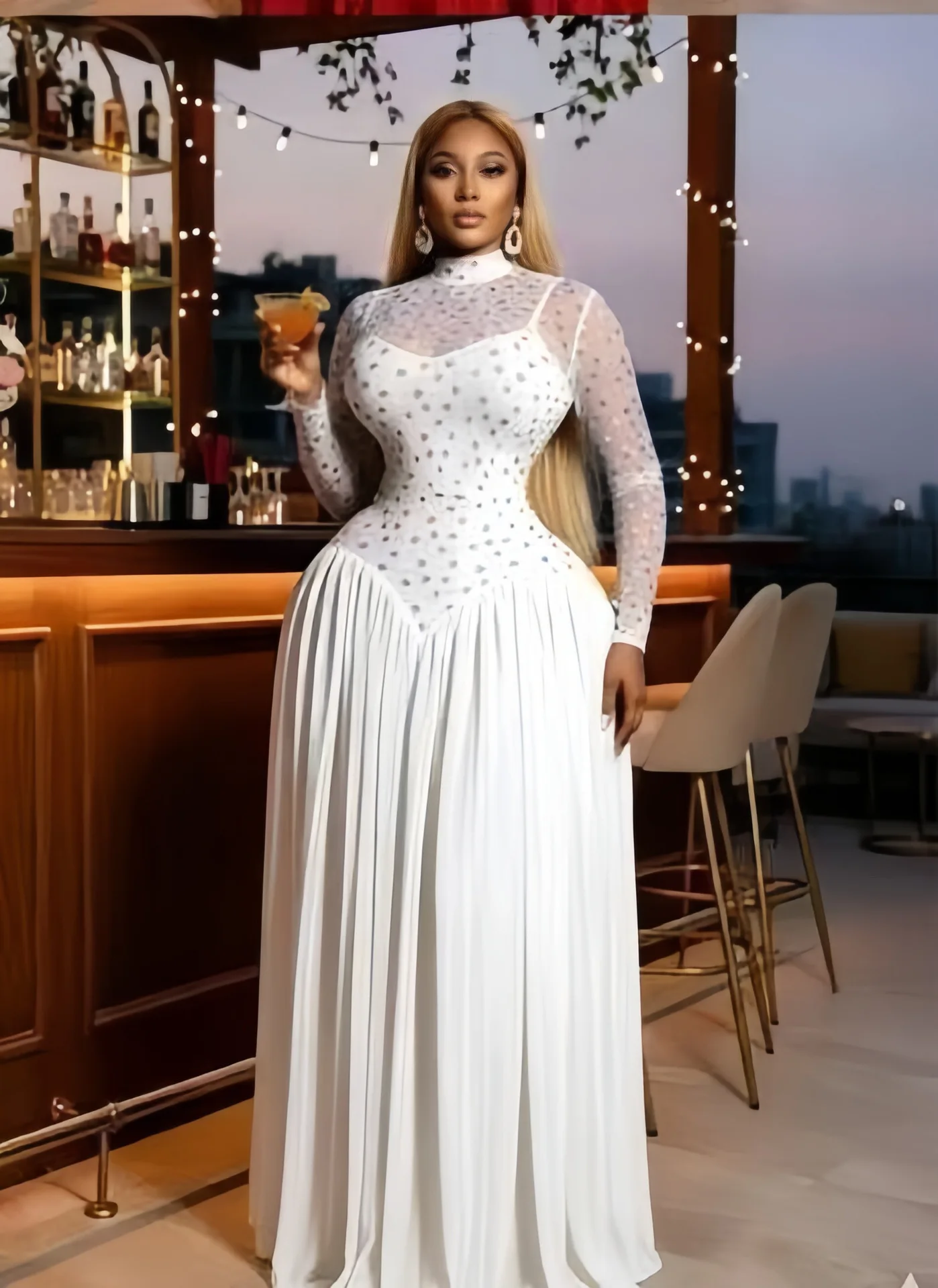 Women Dresses Spliced Dress Pleated Stand Collar Long Sleeves Ankle Length Empire Waist Slight Strech Slim Elegant 2026 Summer