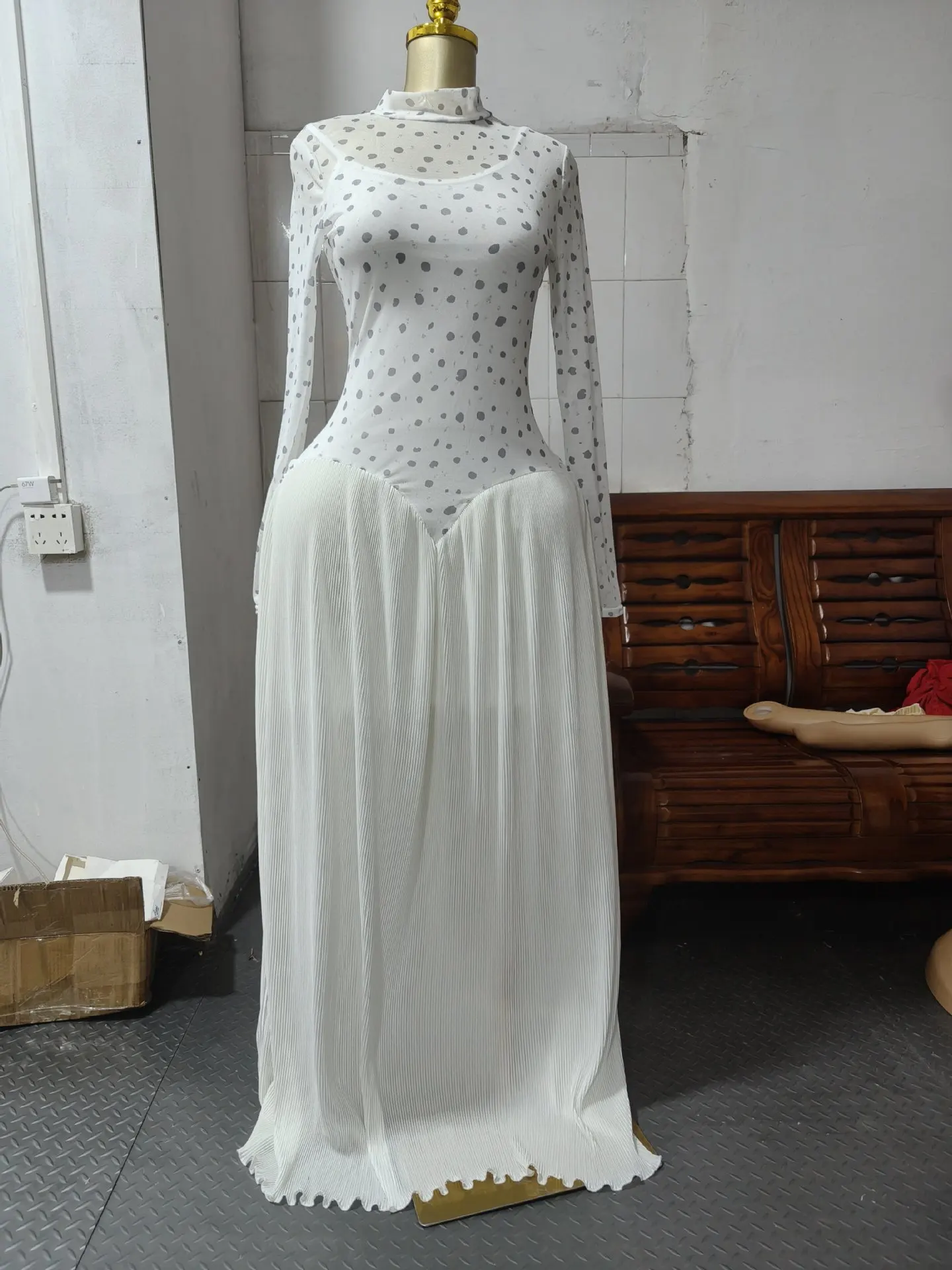 Women Dresses Spliced Dress Pleated Stand Collar Long Sleeves Ankle Length Empire Waist Slight Strech Slim Elegant 2026 Summer
