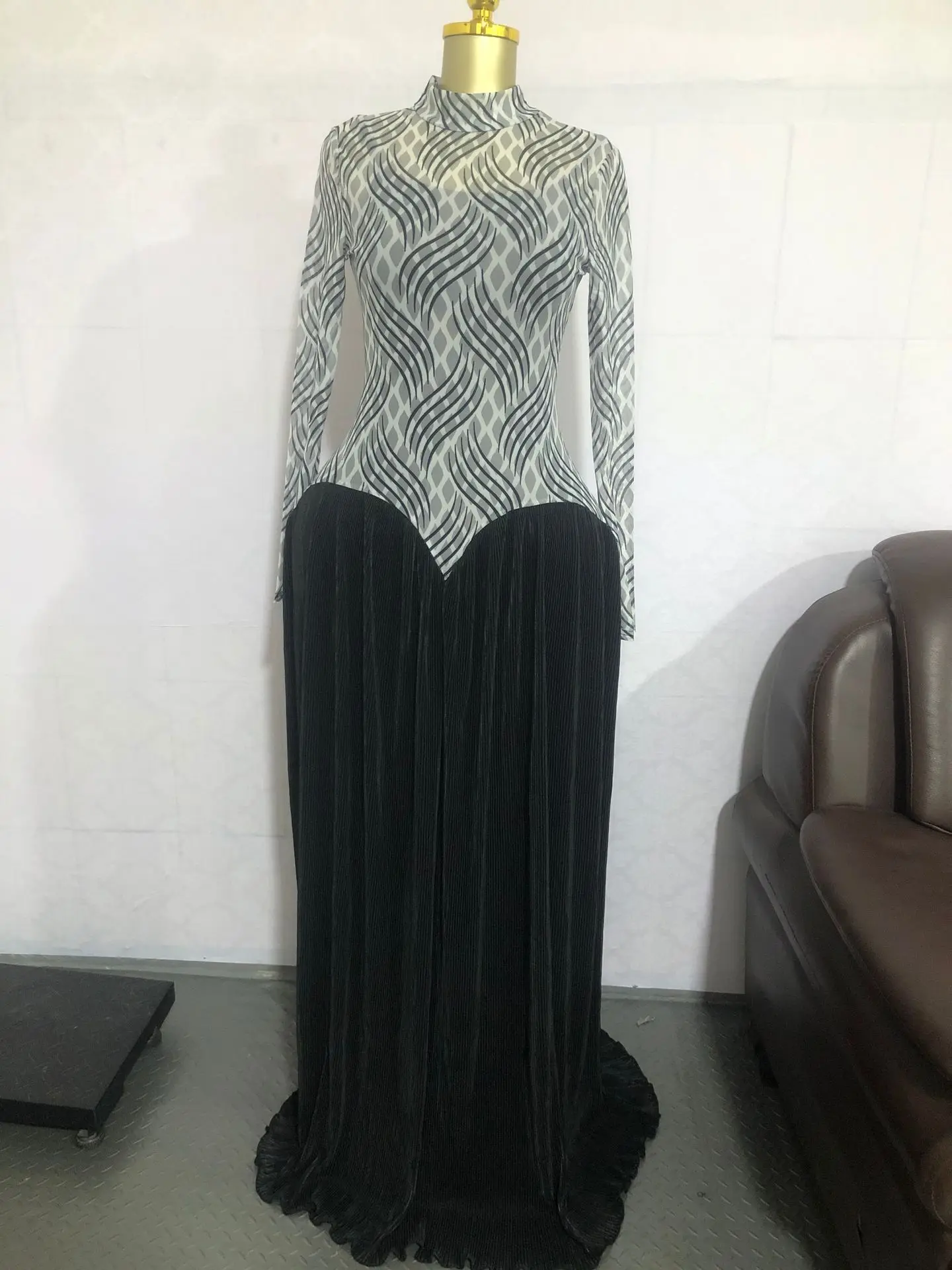 Women Dresses Spliced Dress Pleated Stand Collar Long Sleeves Ankle Length Empire Waist Slight Strech Slim Elegant 2026 Summer