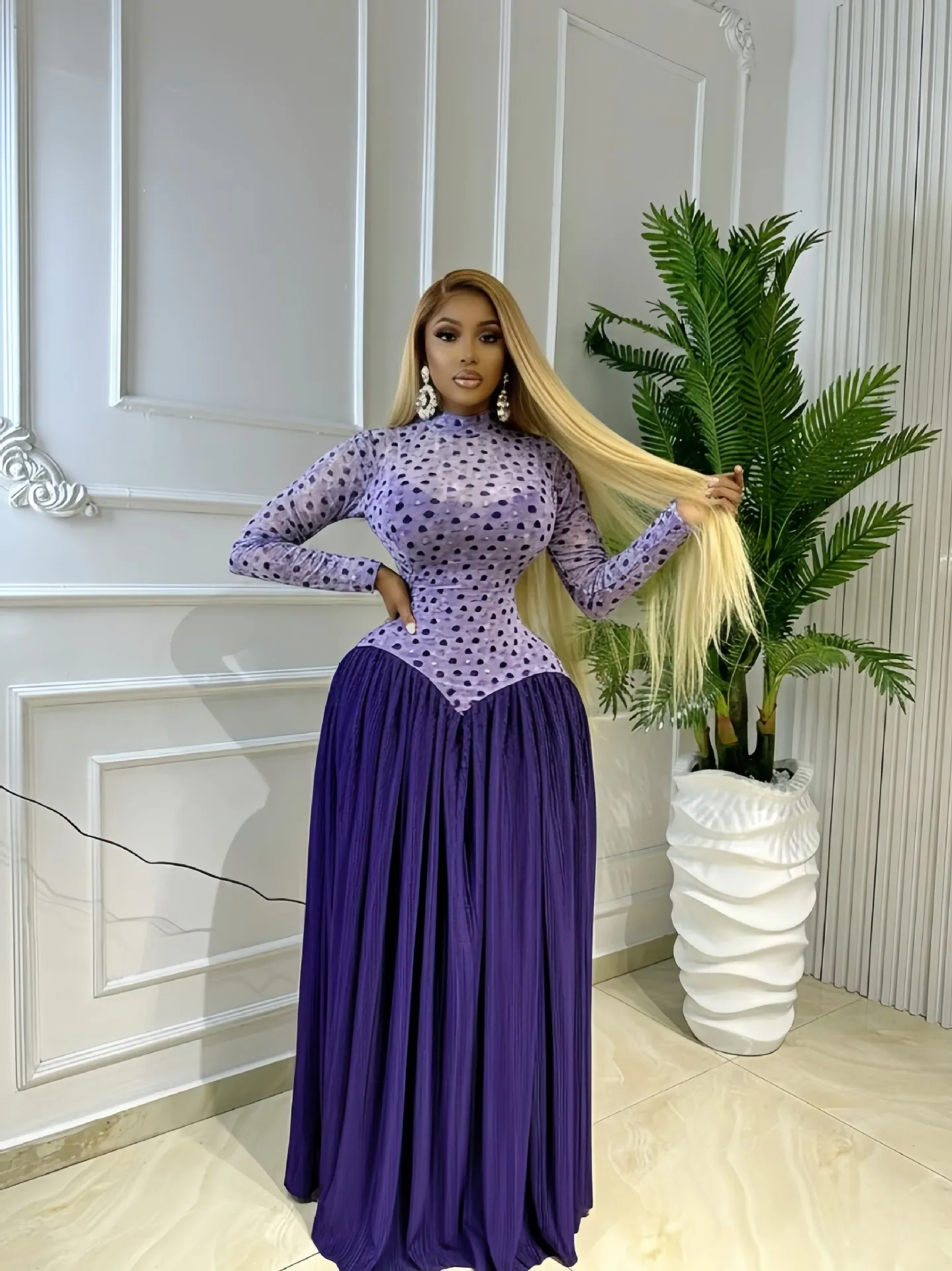 Women Dresses Spliced Dress Pleated Stand Collar Long Sleeves Ankle Length Empire Waist Slight Strech Slim Elegant 2026 Summer