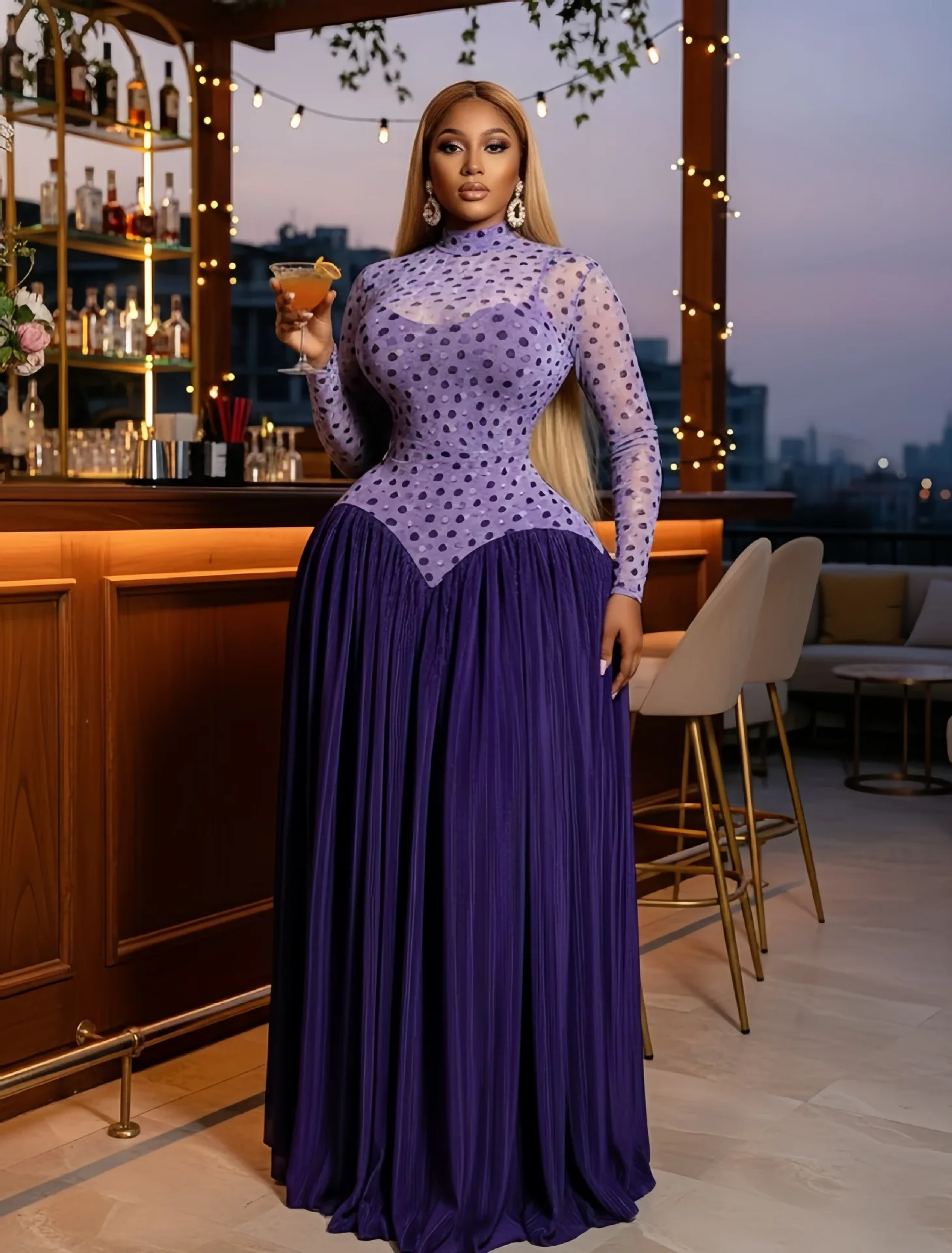 Women Dresses Spliced Dress Pleated Stand Collar Long Sleeves Ankle Length Empire Waist Slight Strech Slim Elegant 2026 Summer