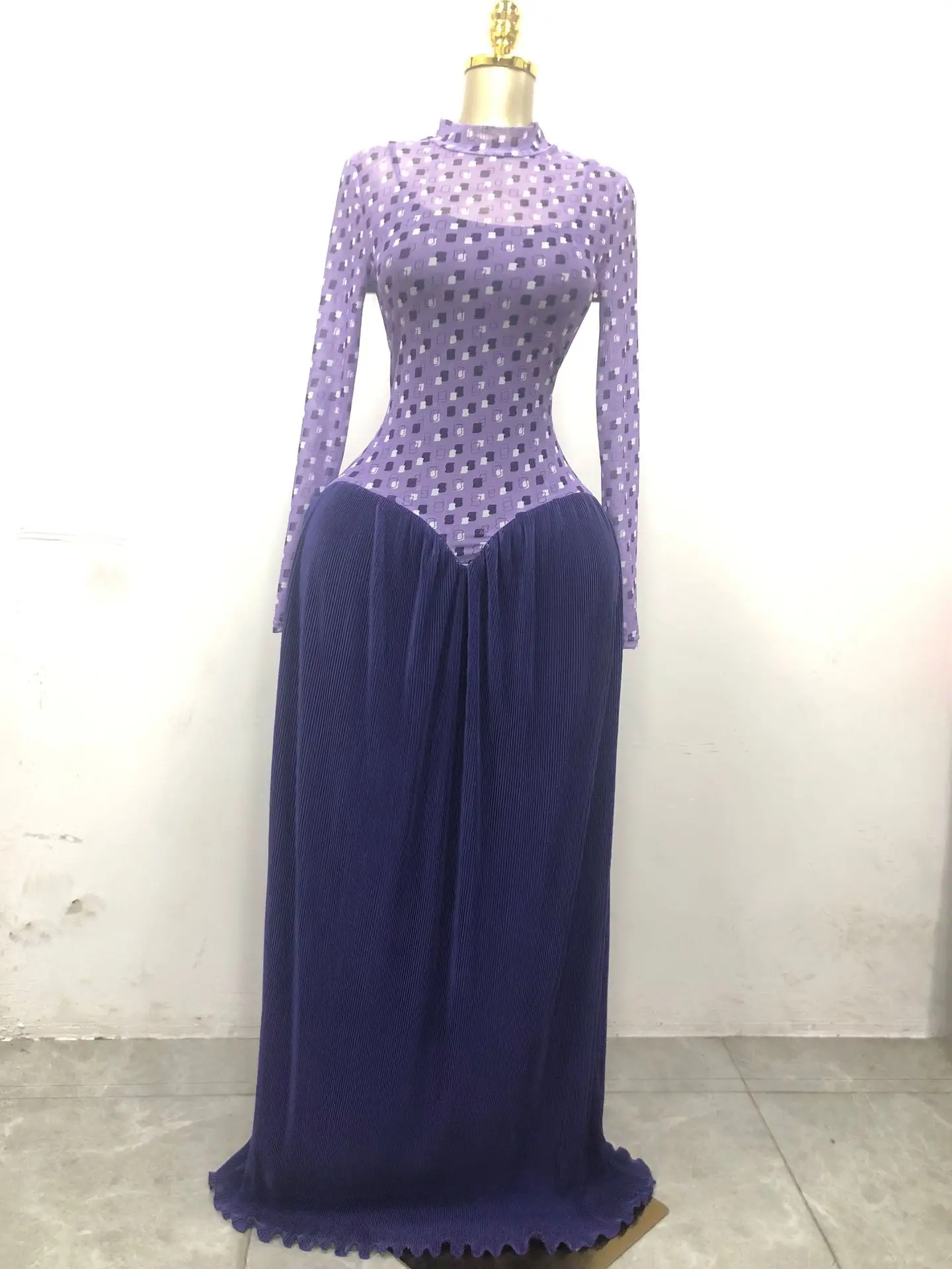 Women Dresses Spliced Dress Pleated Stand Collar Long Sleeves Ankle Length Empire Waist Slight Strech Slim Elegant 2026 Summer
