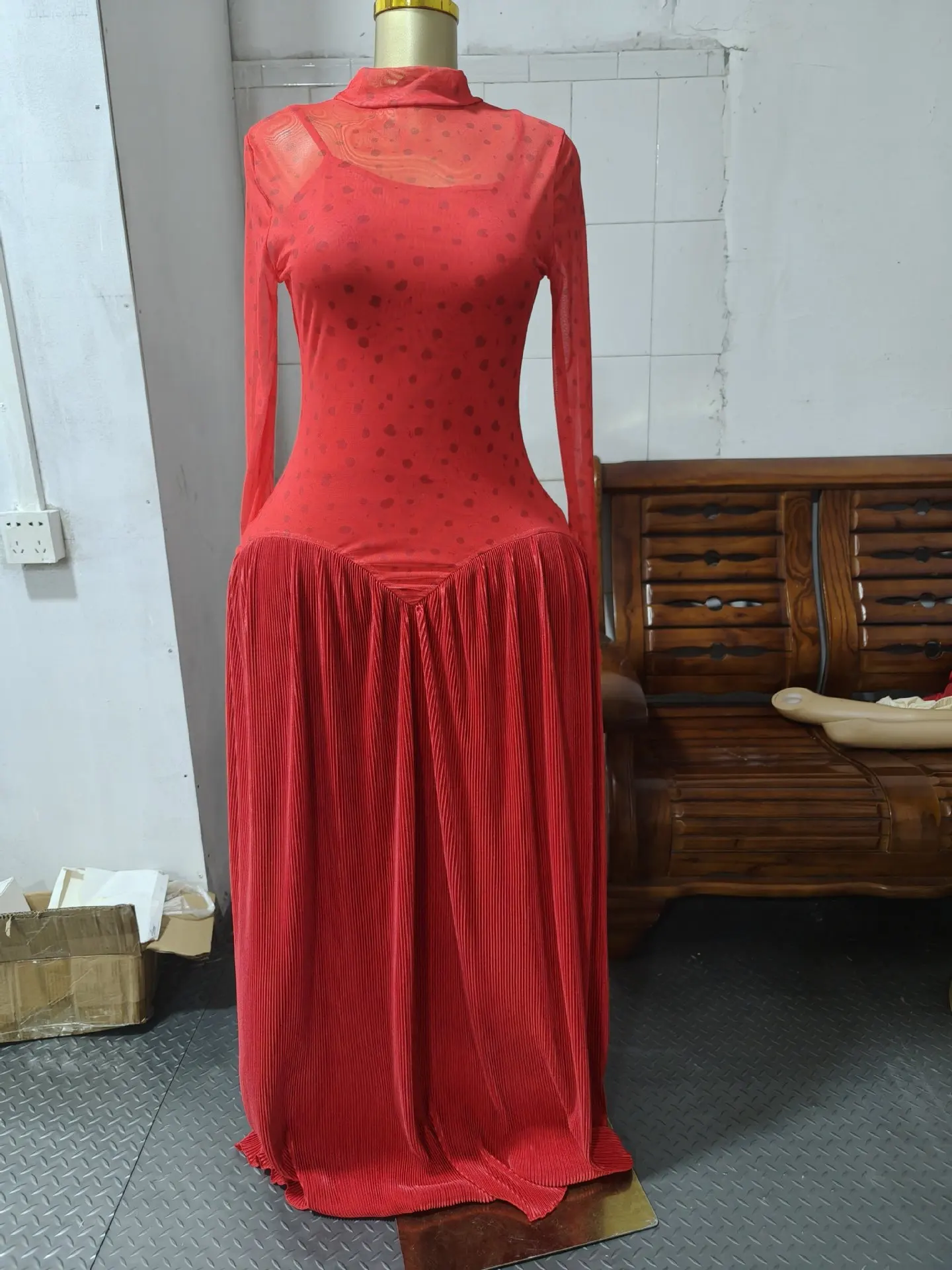 Women Dresses Spliced Dress Pleated Stand Collar Long Sleeves Ankle Length Empire Waist Slight Strech Slim Elegant 2026 Summer