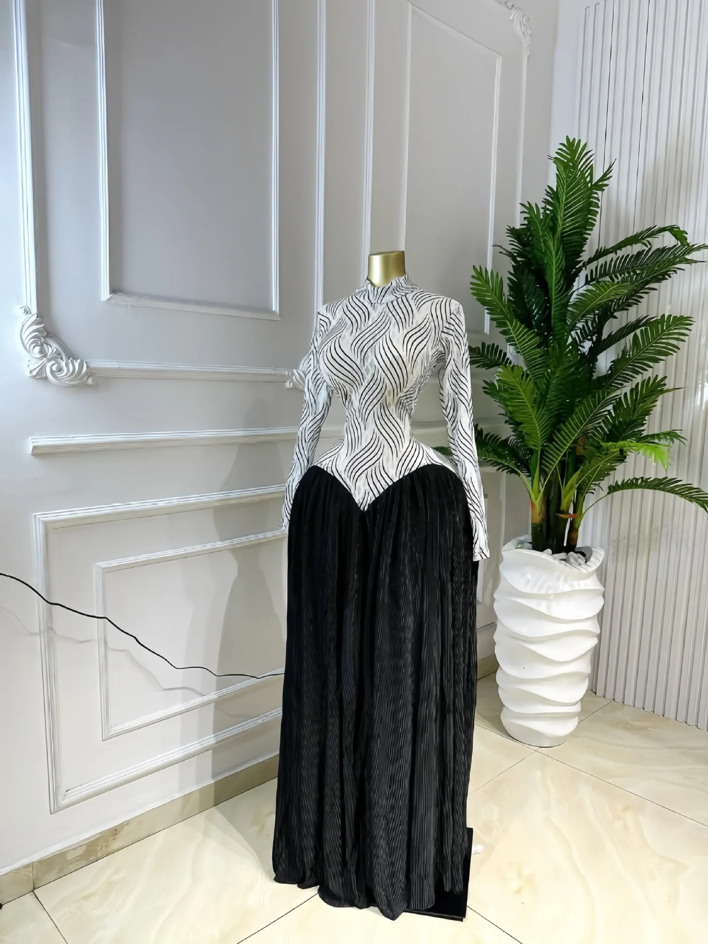 Women Dresses Spliced Dress Pleated Stand Collar Long Sleeves Ankle Length Empire Waist Slight Strech Slim Elegant 2026 Summer