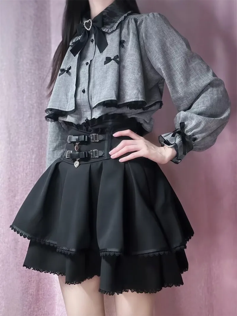 Japanese Lolita Skirts Set Bow Grey Shirt+Short Skirt Sweet Cute Girl Two Piece Sets Womens Outifits Spring New Chic Y2k Clothes