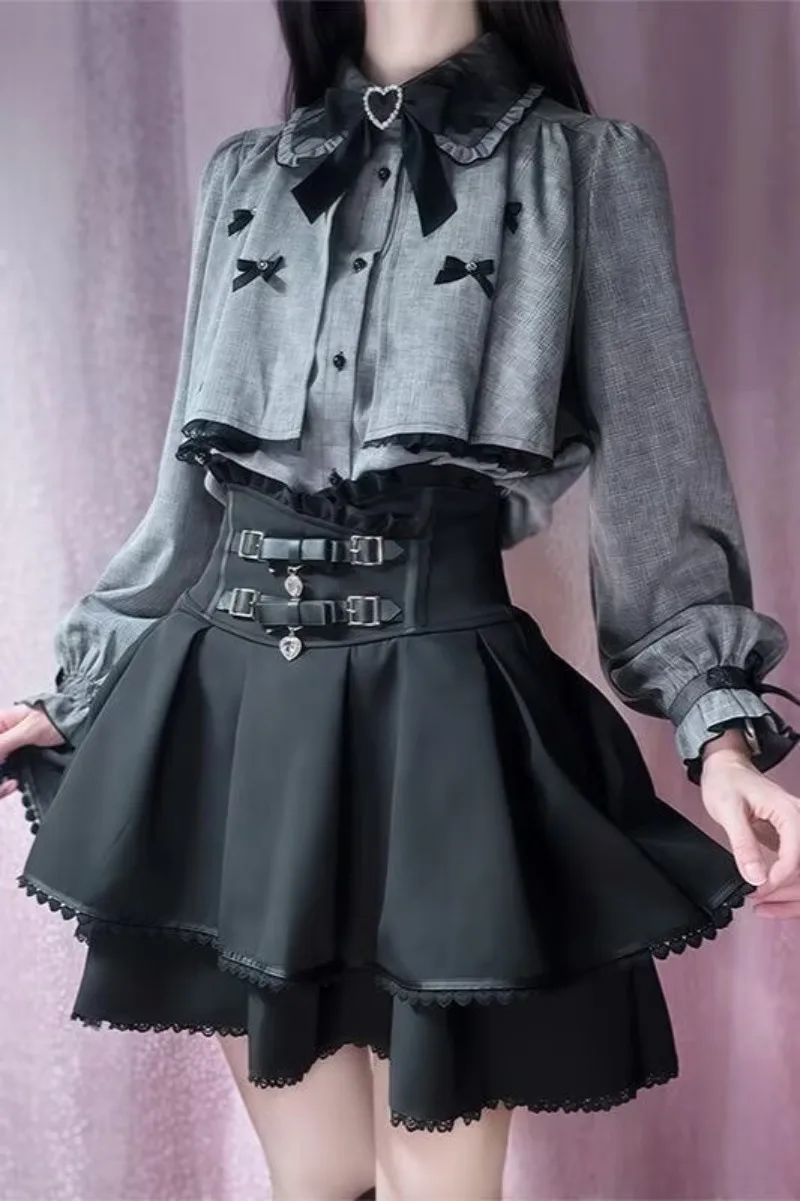 Japanese Lolita Skirts Set Bow Grey Shirt+Short Skirt Sweet Cute Girl Two Piece Sets Womens Outifits Spring New Chic Y2k Clothes