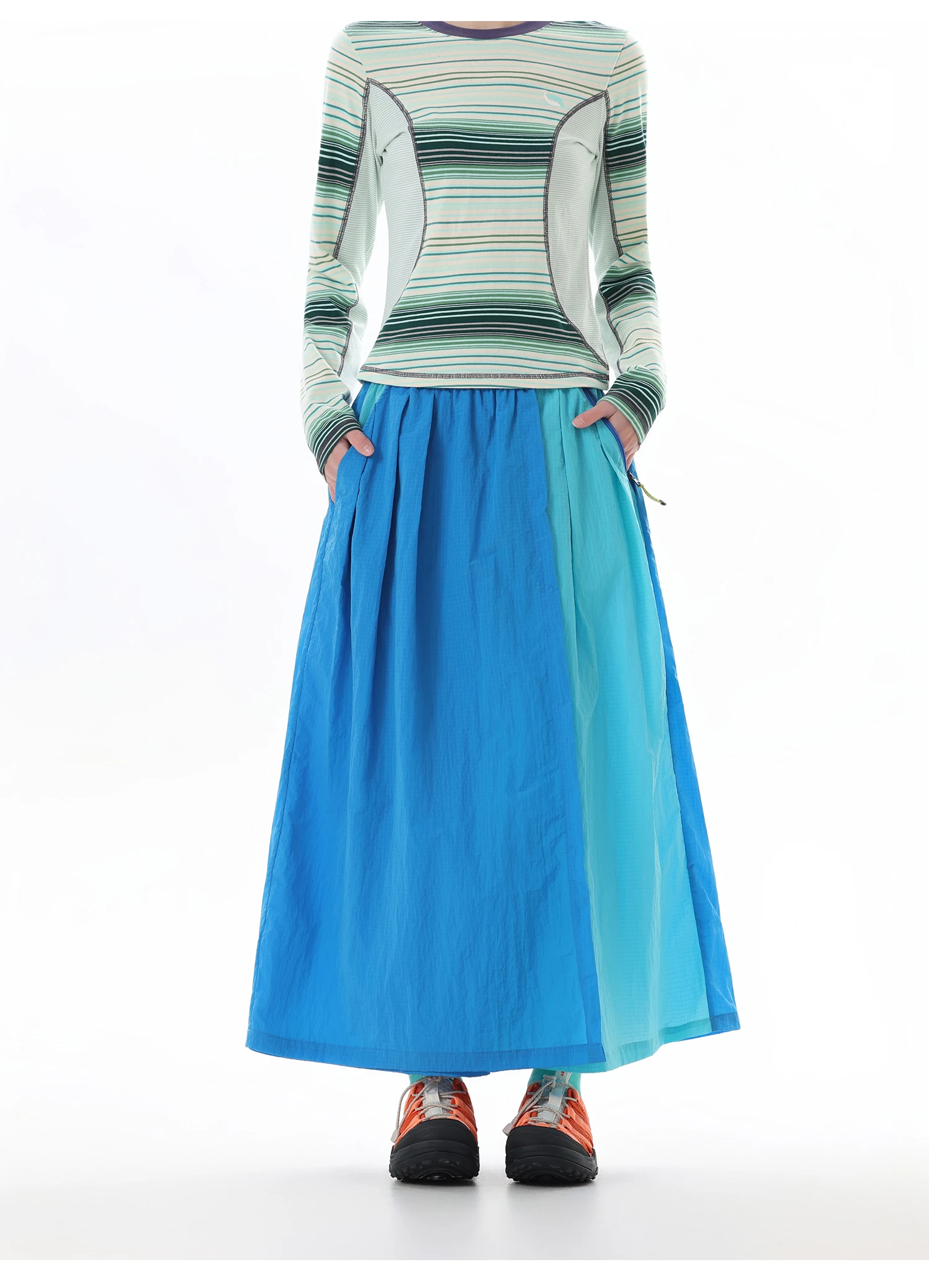 Women's Water-Repellent Summer Skirt-Pants – Mid-Waist, Asymmetrical Hem & Color-Block Design for Urban Outdoor & Casual Wear