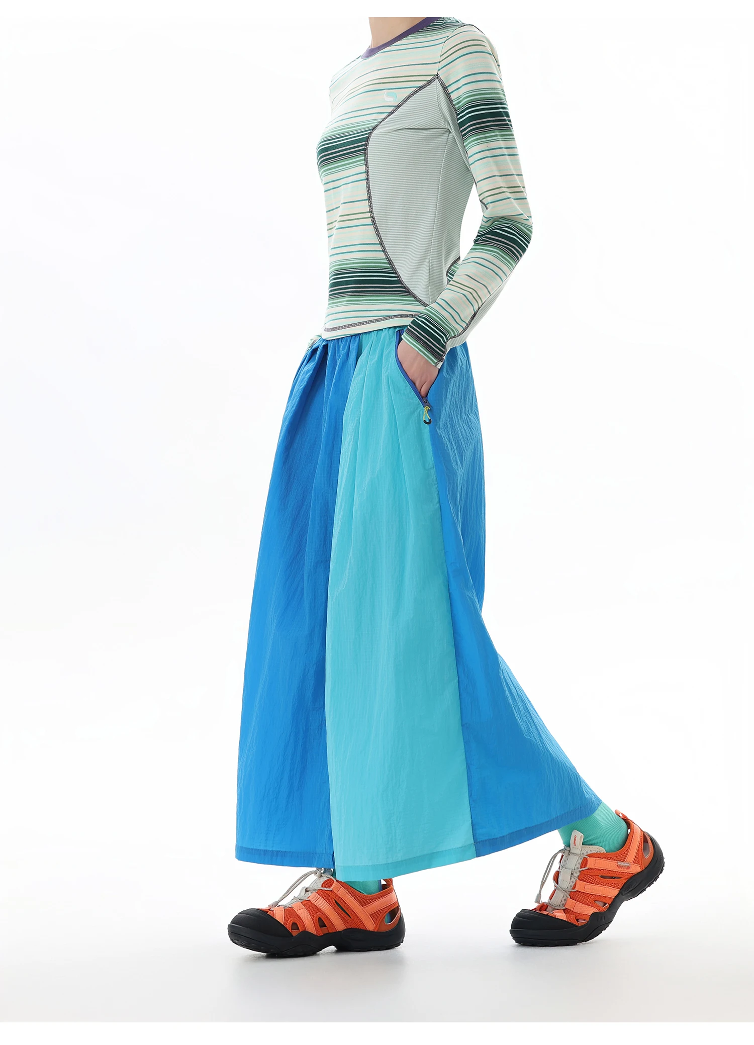 Women's Water-Repellent Summer Skirt-Pants – Mid-Waist, Asymmetrical Hem & Color-Block Design for Urban Outdoor & Casual Wear