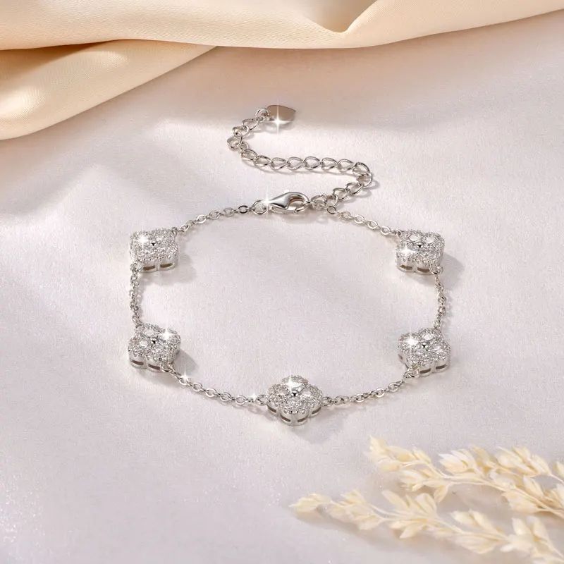 Anziw 14K Gold Filled Bracelets 2.5mm Moissanite Clover Flower Bracelet for Women Lucky Charm Valentine's Jewelry GRA Certified