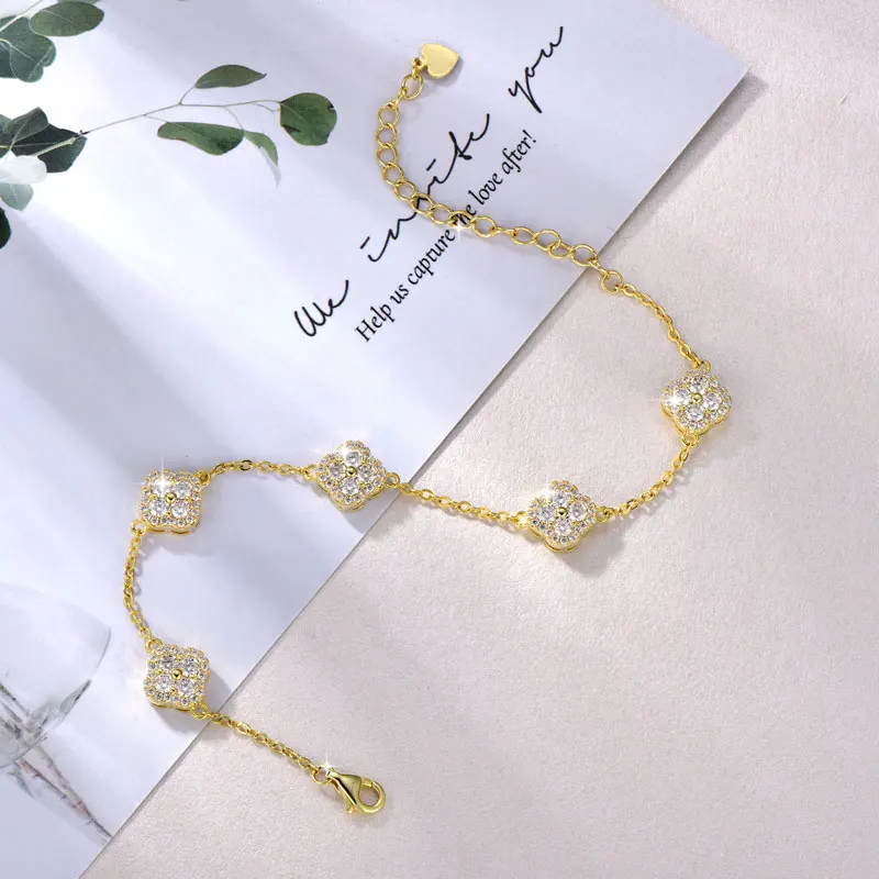 Anziw 14K Gold Filled Bracelets 2.5mm Moissanite Clover Flower Bracelet for Women Lucky Charm Valentine's Jewelry GRA Certified
