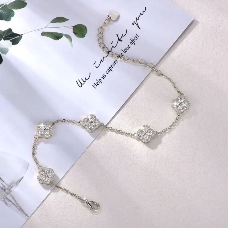 Anziw 14K Gold Filled Bracelets 2.5mm Moissanite Clover Flower Bracelet for Women Lucky Charm Valentine's Jewelry GRA Certified