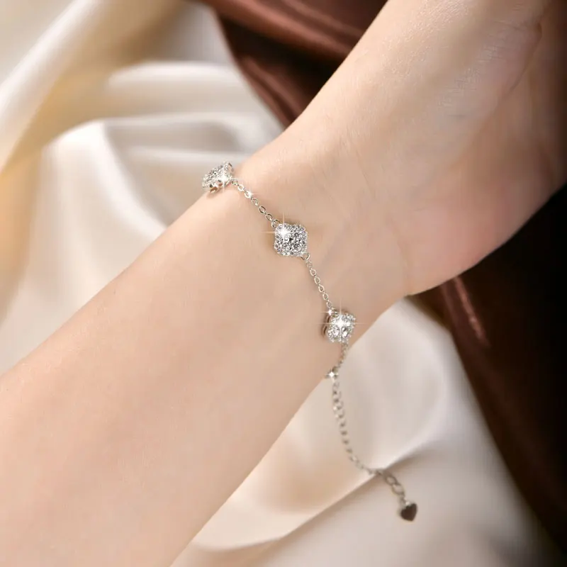 Anziw 14K Gold Filled Bracelets 2.5mm Moissanite Clover Flower Bracelet for Women Lucky Charm Valentine's Jewelry GRA Certified
