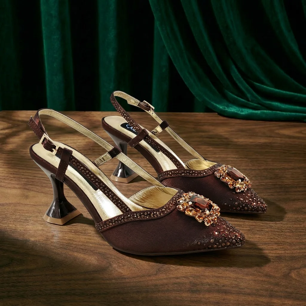 Brown Satin Rhinestone Slingback Pointed Pumps Scalloped Chain Evening Clutch Women Shoes and Bag Set Wedding Prom Gala Formal