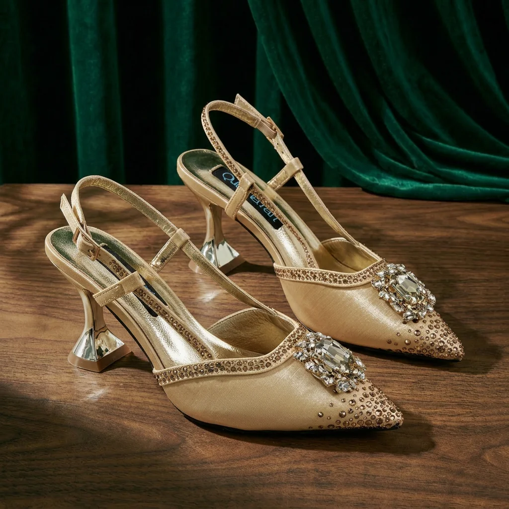 Brown Satin Rhinestone Slingback Pointed Pumps Scalloped Chain Evening Clutch Women Shoes and Bag Set Wedding Prom Gala Formal