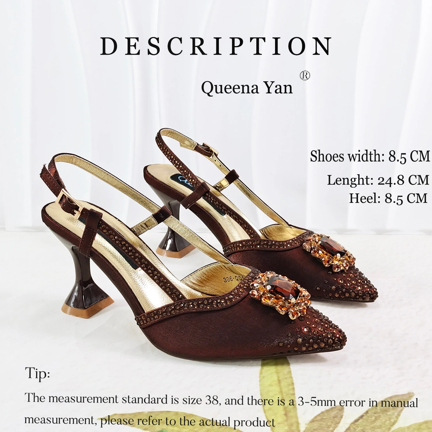 Brown Satin Rhinestone Slingback Pointed Pumps Scalloped Chain Evening Clutch Women Shoes and Bag Set Wedding Prom Gala Formal