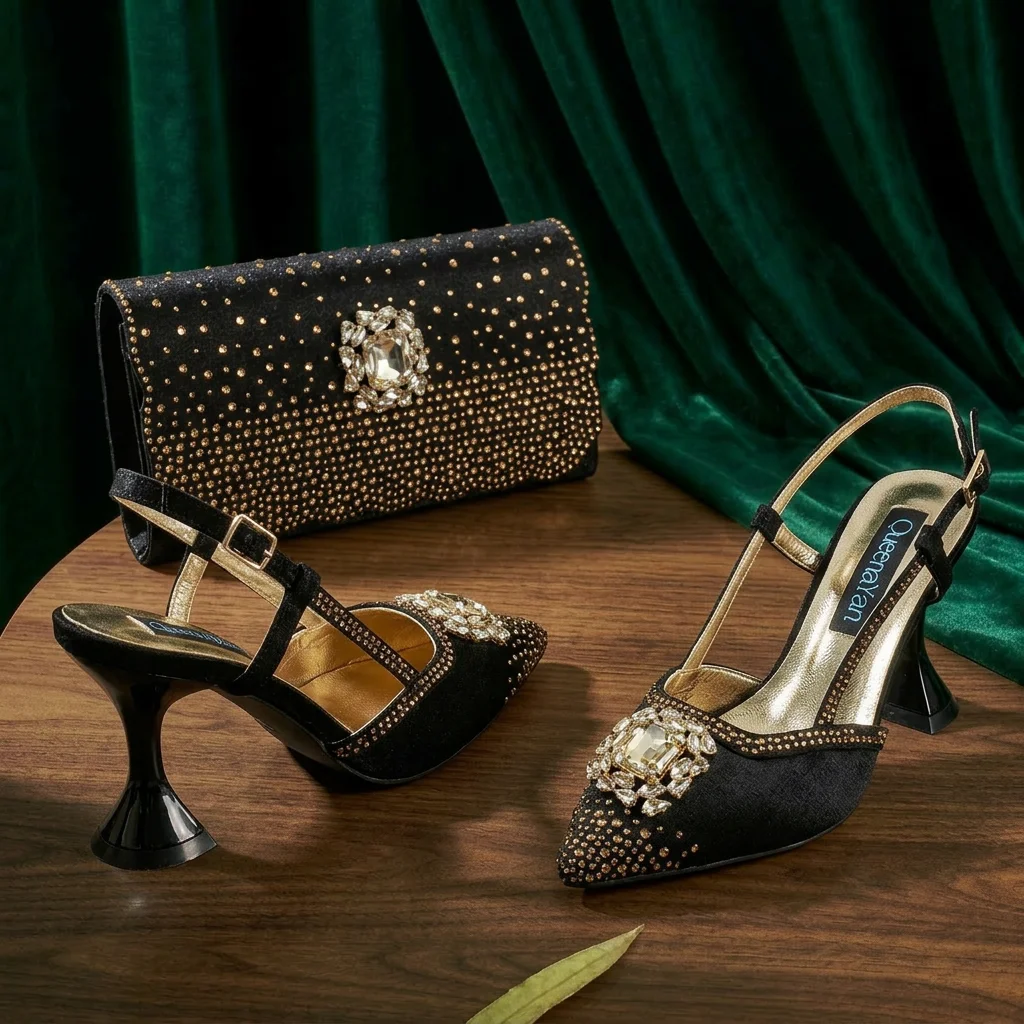 Brown Satin Rhinestone Slingback Pointed Pumps Scalloped Chain Evening Clutch Women Shoes and Bag Set Wedding Prom Gala Formal
