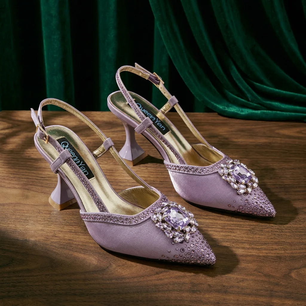 Brown Satin Rhinestone Slingback Pointed Pumps Scalloped Chain Evening Clutch Women Shoes and Bag Set Wedding Prom Gala Formal