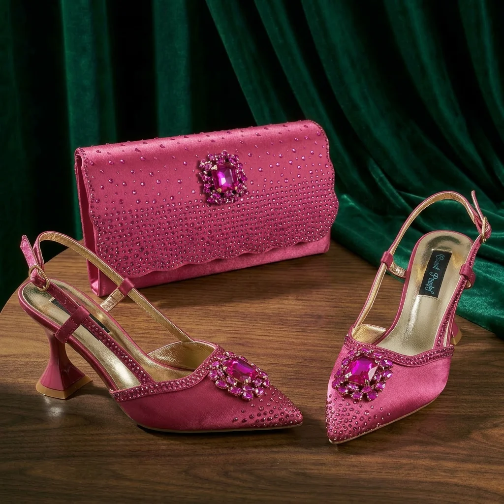 Brown Satin Rhinestone Slingback Pointed Pumps Scalloped Chain Evening Clutch Women Shoes and Bag Set Wedding Prom Gala Formal
