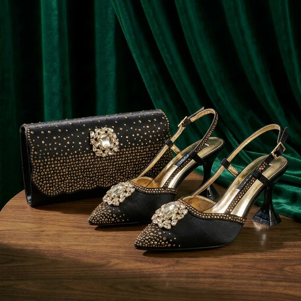 Brown Satin Rhinestone Slingback Pointed Pumps Scalloped Chain Evening Clutch Women Shoes and Bag Set Wedding Prom Gala Formal
