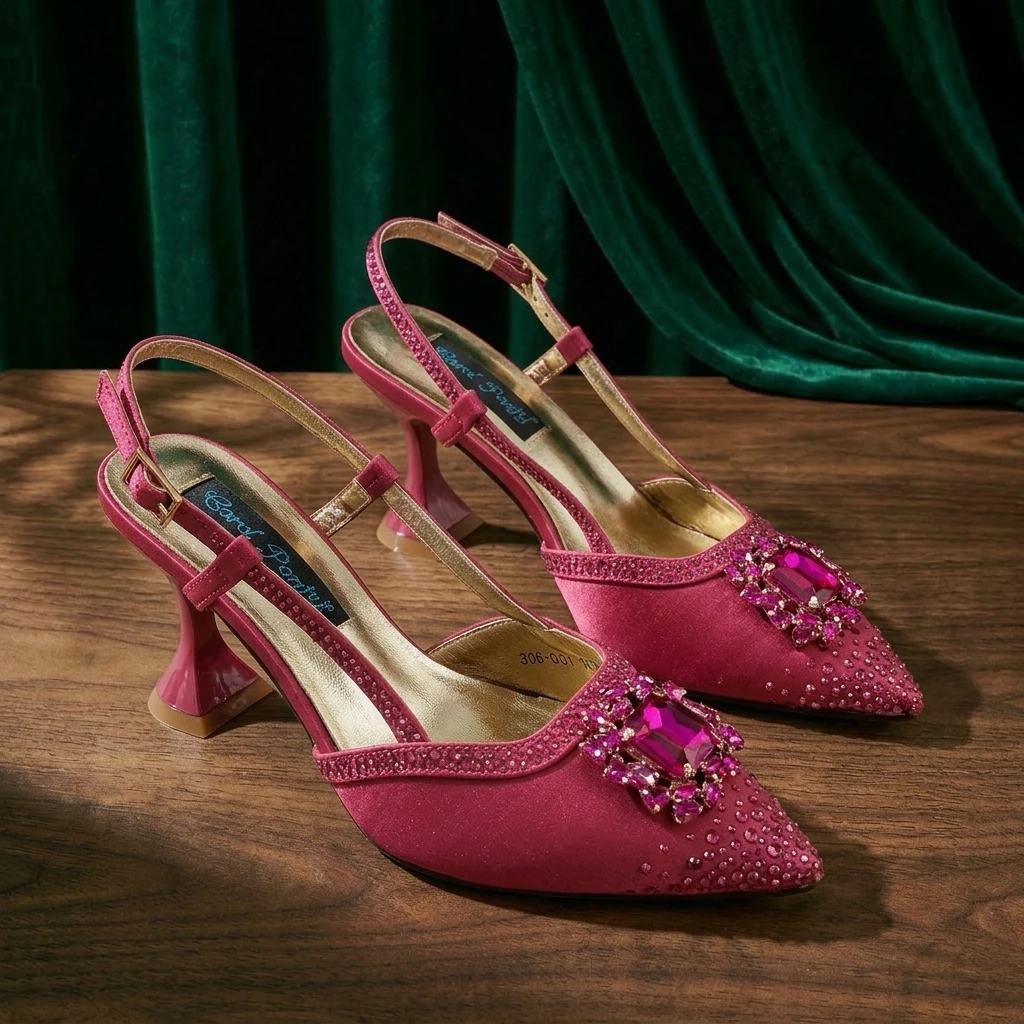 Brown Satin Rhinestone Slingback Pointed Pumps Scalloped Chain Evening Clutch Women Shoes and Bag Set Wedding Prom Gala Formal
