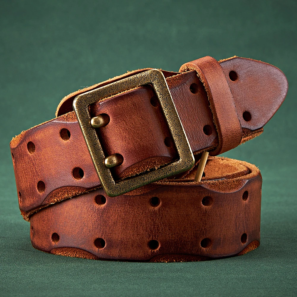 3.8CM Luxury Thick Real Genuine Leather Men Belt Double Buckle Belt Ceinture Leather Belt Men Jeans Trouser Belt Cowboy