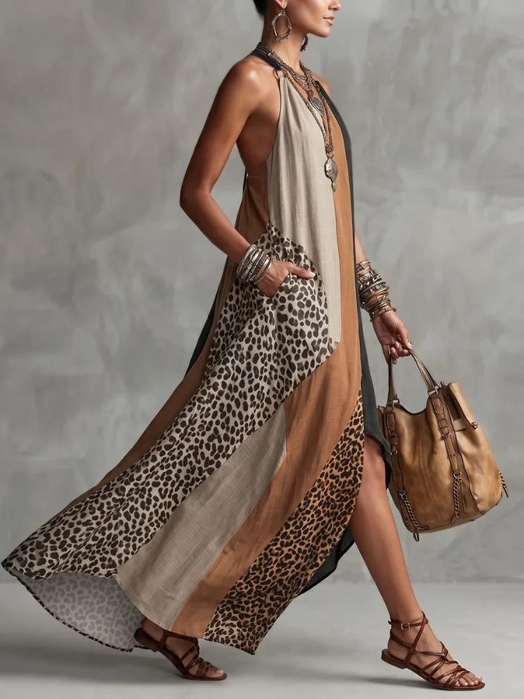 Yeezzi Women's Leopard Color Block Patchwork Halter-Neck Maxi Dresses Sleeveless Loose Asymmetric High Slit Vacation Sundress
