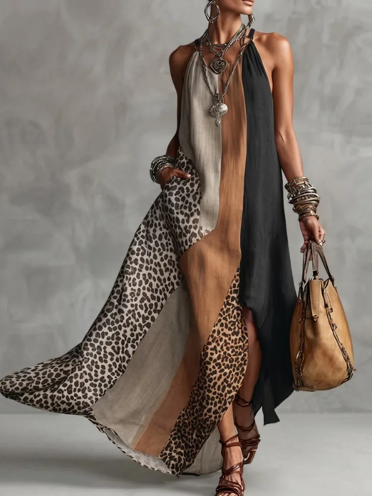 Yeezzi Women's Leopard Color Block Patchwork Halter-Neck Maxi Dresses Sleeveless Loose Asymmetric High Slit Vacation Sundress