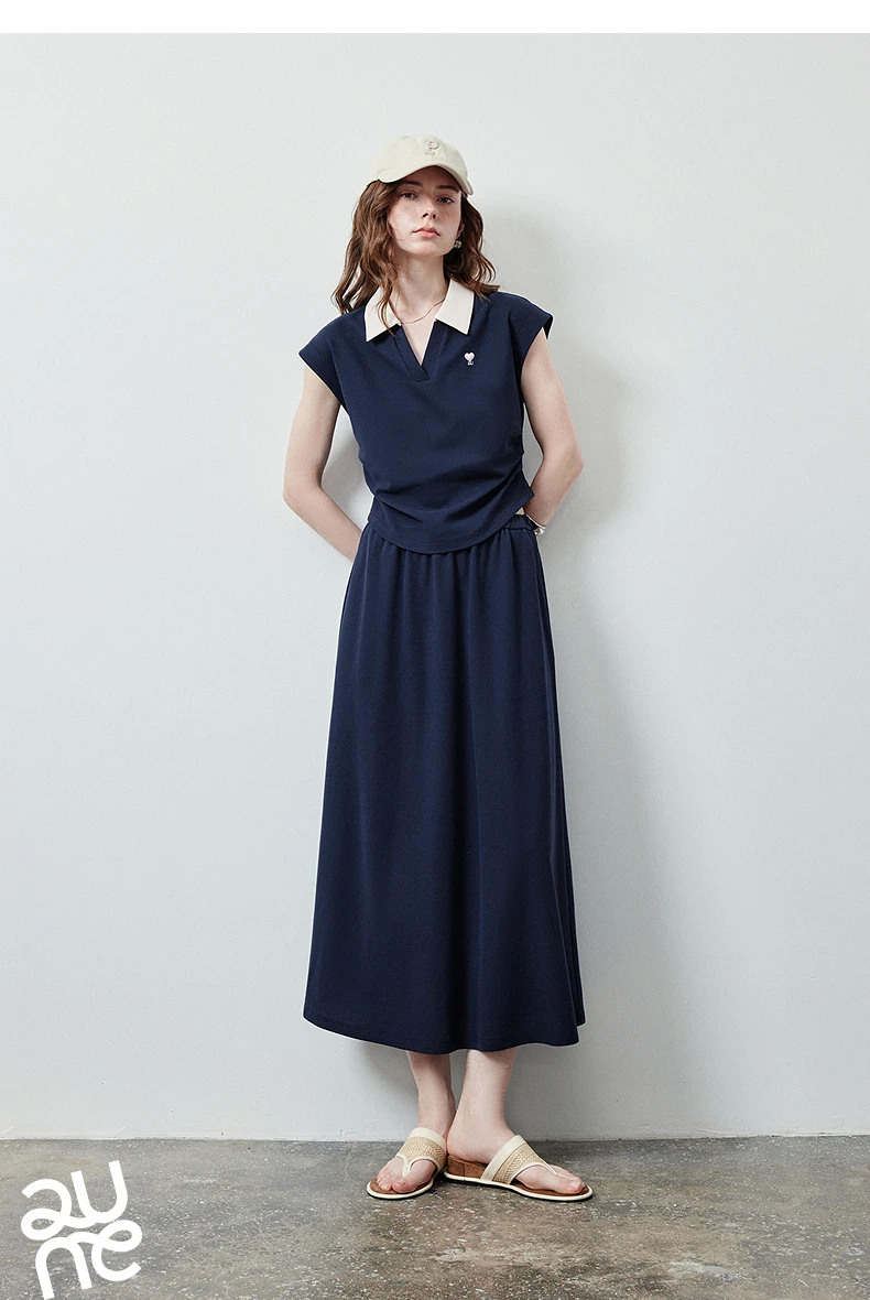 TOYOUTH Women Color Block Two Pcs Set 2026 Summer New Cropped T-shirt High Waist Long Skirt Tennis Quiet Luxury Casual Outfit