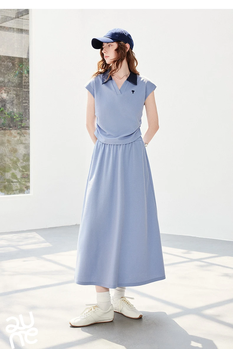 TOYOUTH Women Color Block Two Pcs Set 2026 Summer New Cropped T-shirt High Waist Long Skirt Tennis Quiet Luxury Casual Outfit