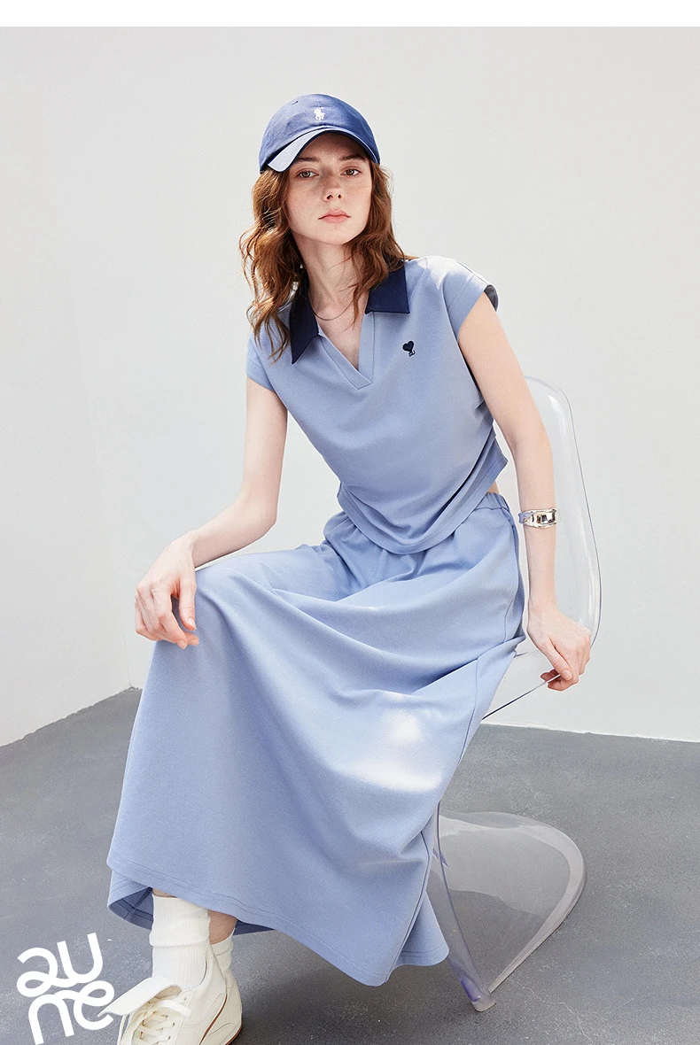 TOYOUTH Women Color Block Two Pcs Set 2026 Summer New Cropped T-shirt High Waist Long Skirt Tennis Quiet Luxury Casual Outfit