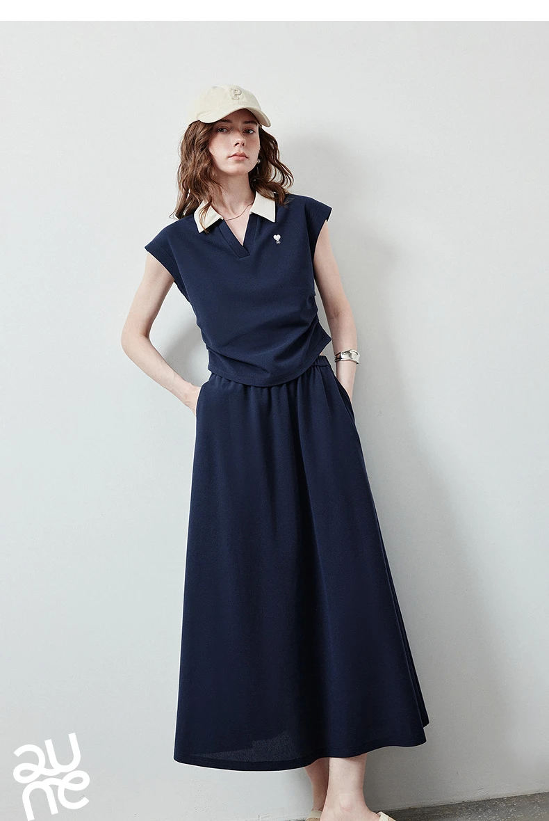TOYOUTH Women Color Block Two Pcs Set 2026 Summer New Cropped T-shirt High Waist Long Skirt Tennis Quiet Luxury Casual Outfit