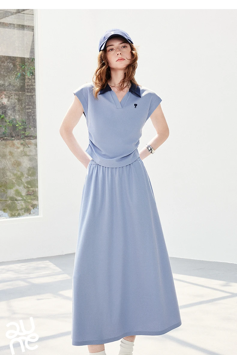 TOYOUTH Women Color Block Two Pcs Set 2026 Summer New Cropped T-shirt High Waist Long Skirt Tennis Quiet Luxury Casual Outfit