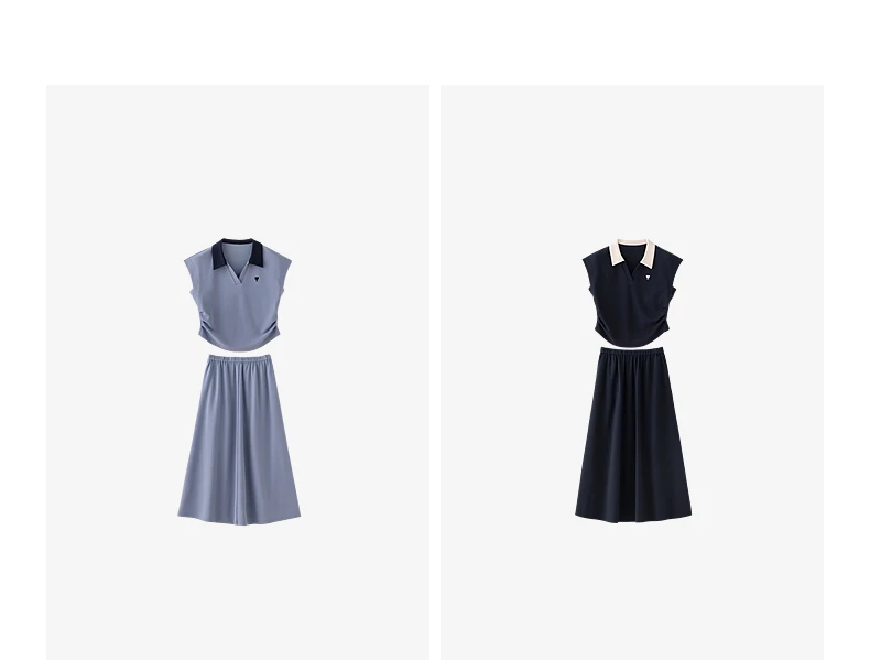 TOYOUTH Women Color Block Two Pcs Set 2026 Summer New Cropped T-shirt High Waist Long Skirt Tennis Quiet Luxury Casual Outfit
