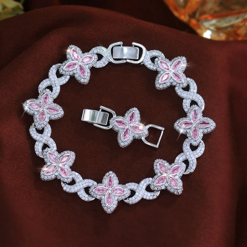 ThreeGraces Luxury Shiny Blue Zirconia Geometric Infinite Shape Bridal Wedding Lucky Leaf Link Chain Bracelet for Women Jewelry