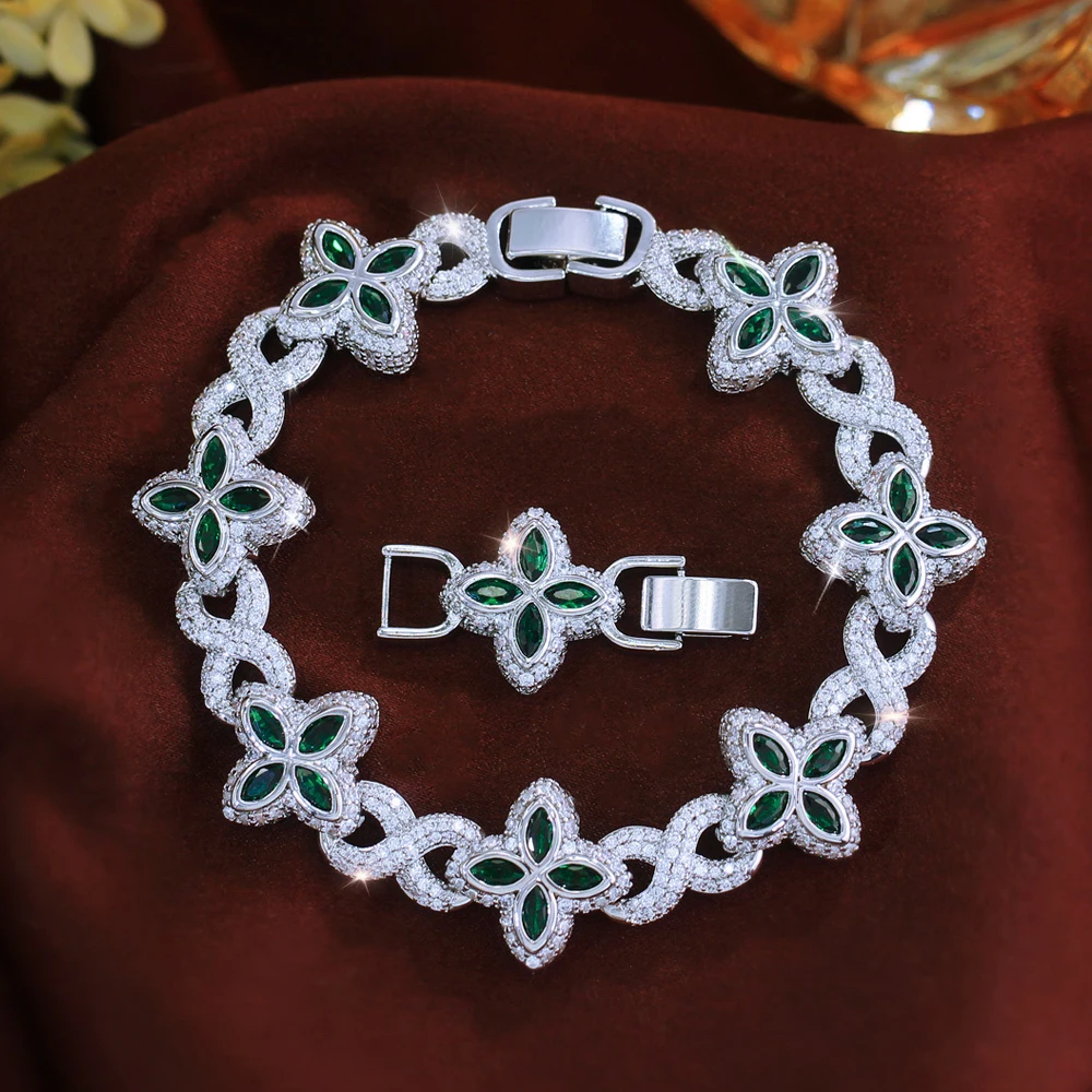 ThreeGraces Luxury Shiny Blue Zirconia Geometric Infinite Shape Bridal Wedding Lucky Leaf Link Chain Bracelet for Women Jewelry