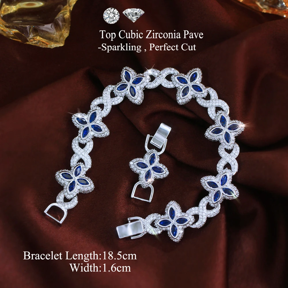 ThreeGraces Luxury Shiny Blue Zirconia Geometric Infinite Shape Bridal Wedding Lucky Leaf Link Chain Bracelet for Women Jewelry