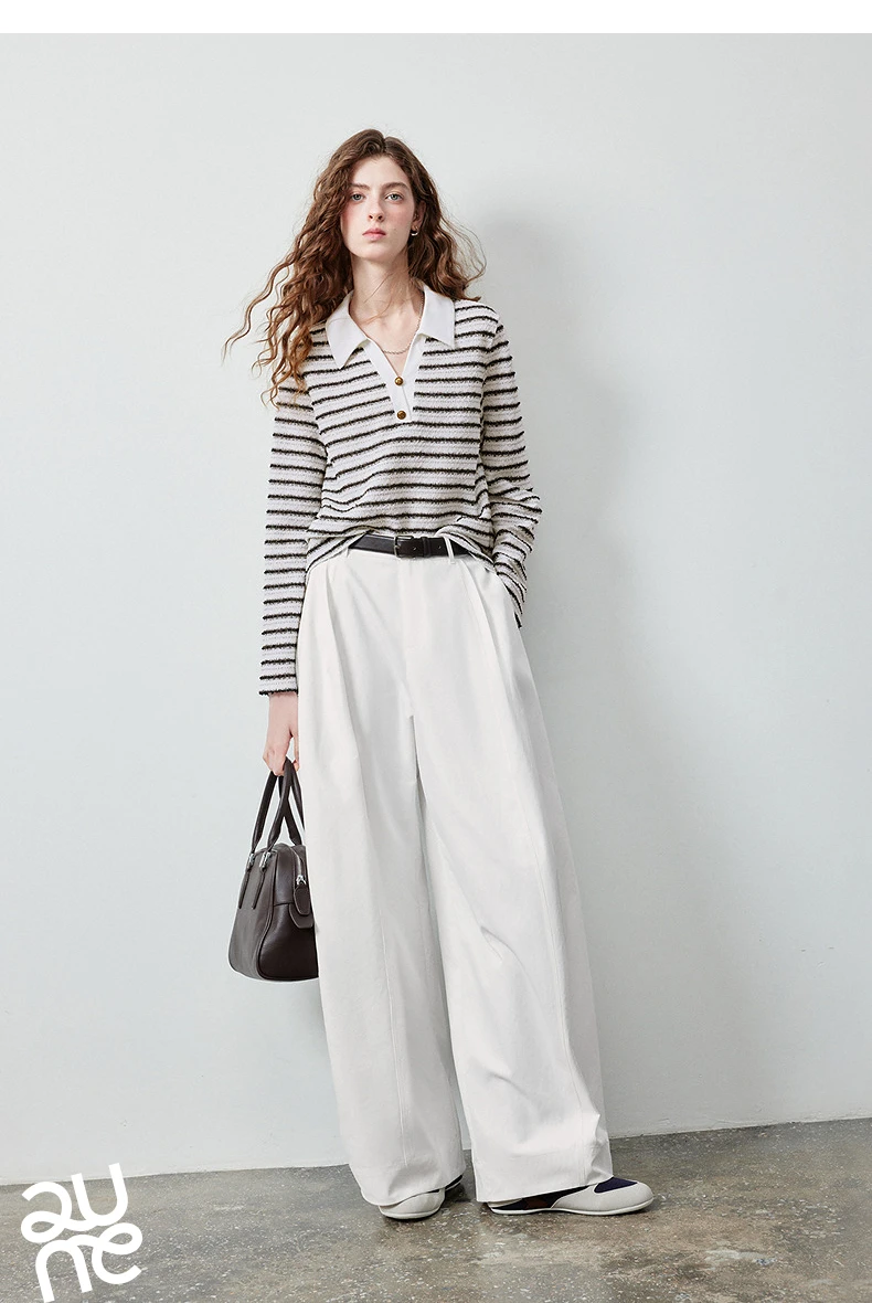 TOYOUTH Women's Long Sleeve Polo T Shirt 2026 Autumn New Melange Textured Stripe Tweed Style Light French Chic Casual Tops