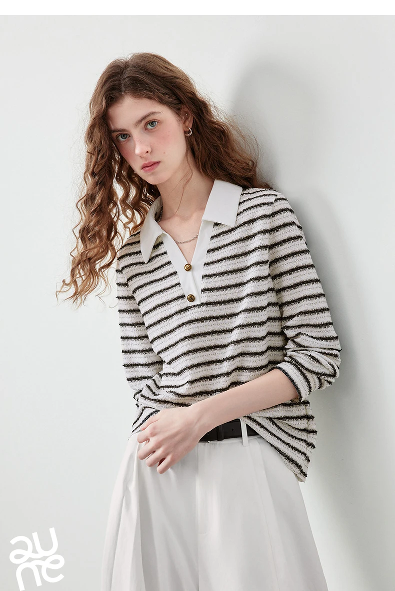 TOYOUTH Women's Long Sleeve Polo T Shirt 2026 Autumn New Melange Textured Stripe Tweed Style Light French Chic Casual Tops