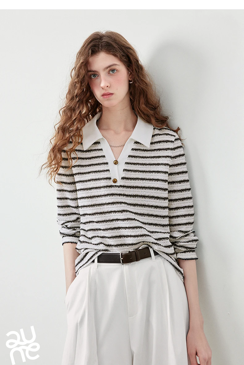 TOYOUTH Women's Long Sleeve Polo T Shirt 2026 Autumn New Melange Textured Stripe Tweed Style Light French Chic Casual Tops