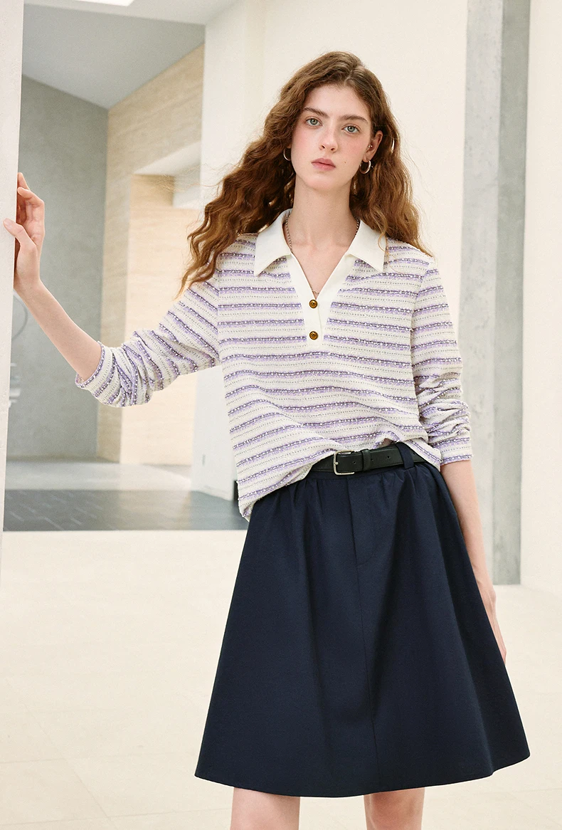 TOYOUTH Women's Long Sleeve Polo T Shirt 2026 Autumn New Melange Textured Stripe Tweed Style Light French Chic Casual Tops